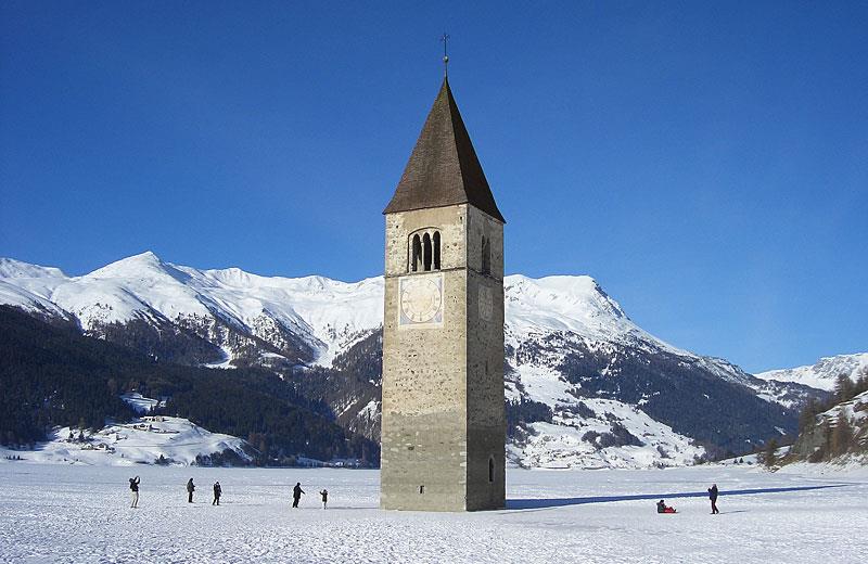 Church steeple in Lake Reschen (Curon Venosta, South Tyrol, Italy)