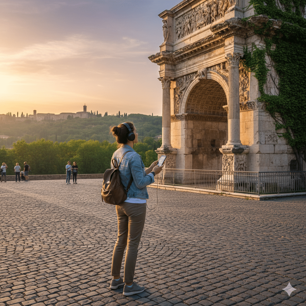 A person wearing headphones and holding a smartphone stands before an ancient stone archway at sunset.