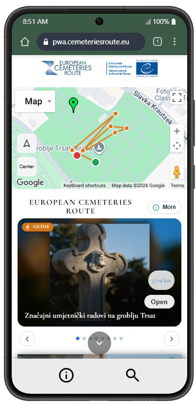 Screenshot of custom app European Cemeteries Route