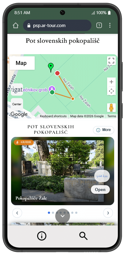 Screenshot of custom app Slovenian Cemeteries Route