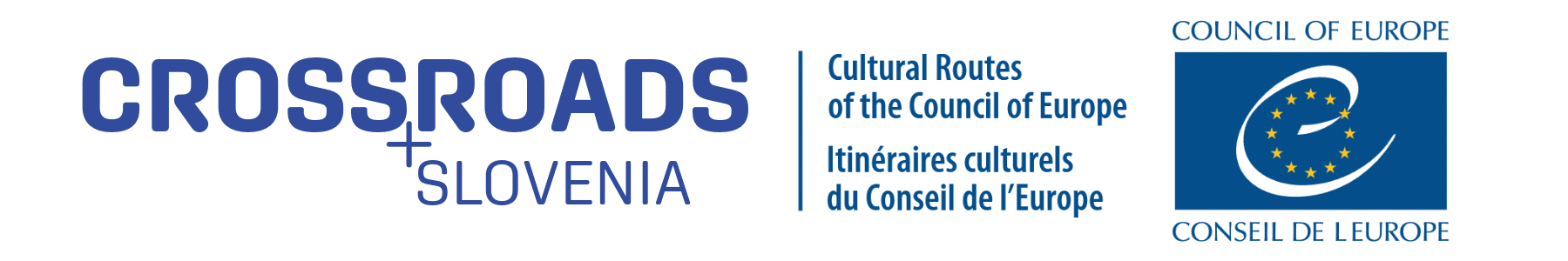 Blue 'CROSSROADS SLOVENIA' logo with a plus sign, text 'Cultural Routes of the Council of Europe' in English and French, and the Council of Europe logo.