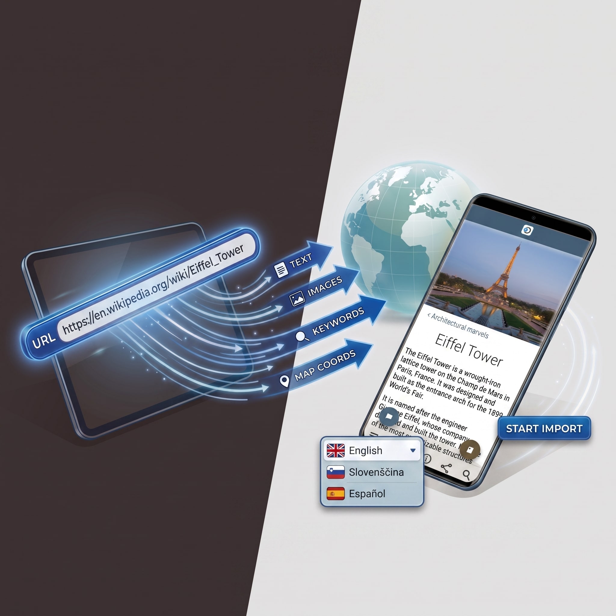 A tablet with a URL for the Eiffel Tower sends text, images, keywords, and map coordinates to a smartphone displaying a tourism app with Eiffel Tower details.