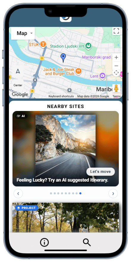 Smartphone displaying the ARTOUR mobile app with a map of Maribor, Slovenia, and an AI-suggested itinerary for a scenic mountain road.
