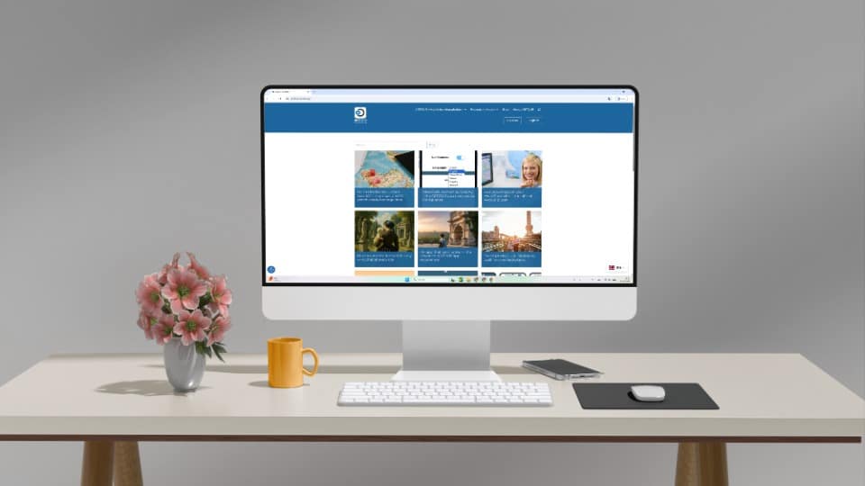 A desktop monitor displays the ARTOUR blog homepage with six article previews, alongside a vase of pink flowers, a yellow mug, keyboard, and mouse.
