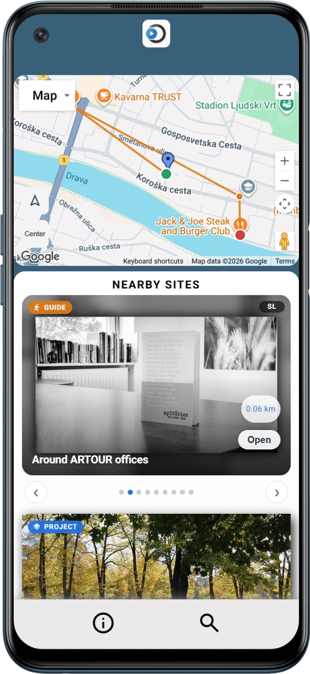 Smartphone displaying the ARTOUR mobile guide app with a map showing a route and nearby sites like "Around ARTOUR offices".