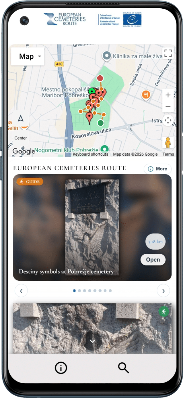 A smartphone screen shows a mobile app for tourism, displaying a map of Maribor's Pobrežje cemetery with a cultural route and a monument detail.