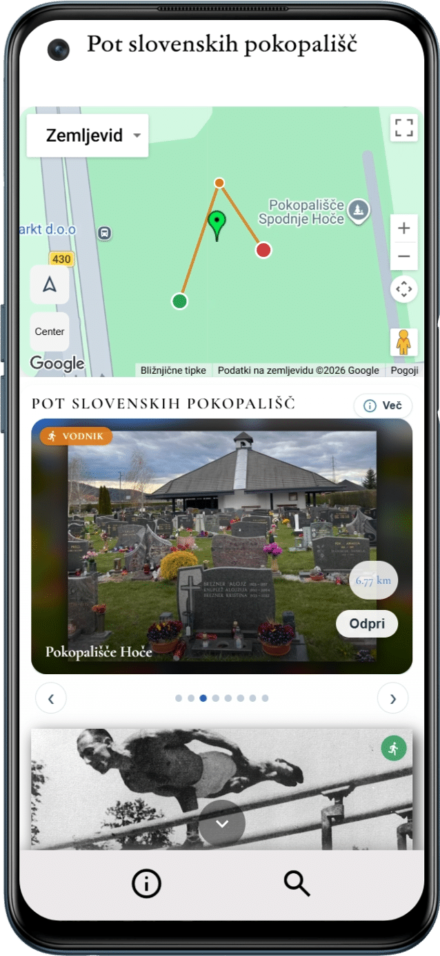 Mobile app screen showing a map with a route, a cemetery photo, and a historical photo of a man on parallel bars.