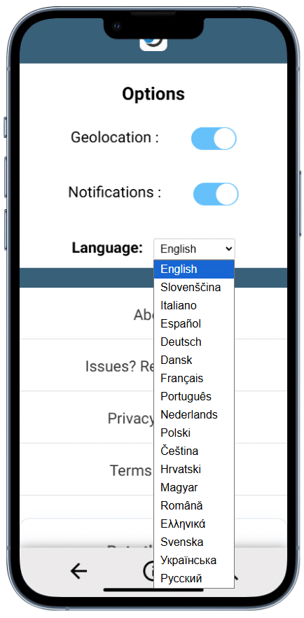 Smartphone screen showing the ARTOUR mobile app's language selection dropdown with English highlighted among many European languages.