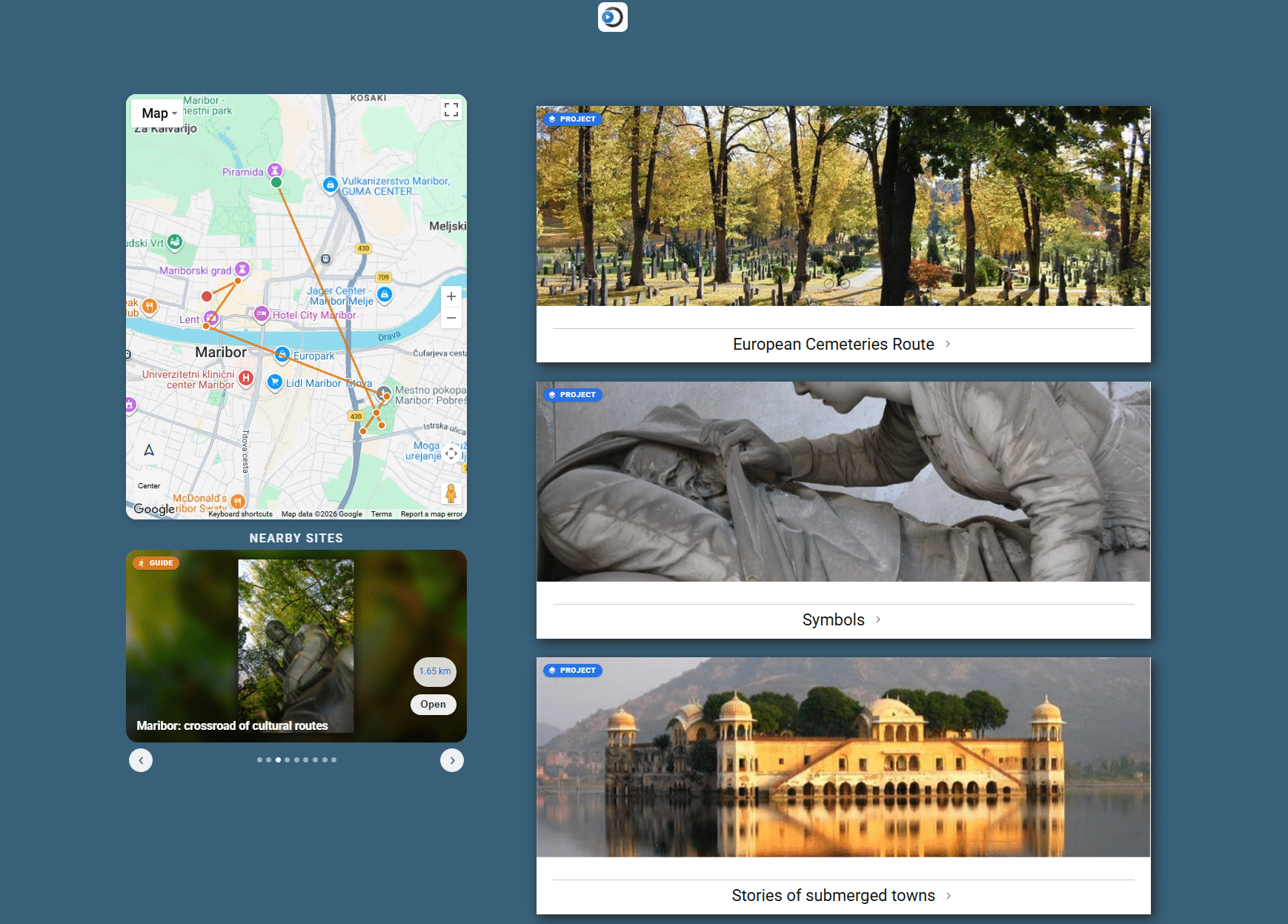 ARTOUR desktop view of Maribor map with highlighted cultural routes, nearby sites carousel, and cards for European Cemeteries, Symbols, and Submerged Towns.