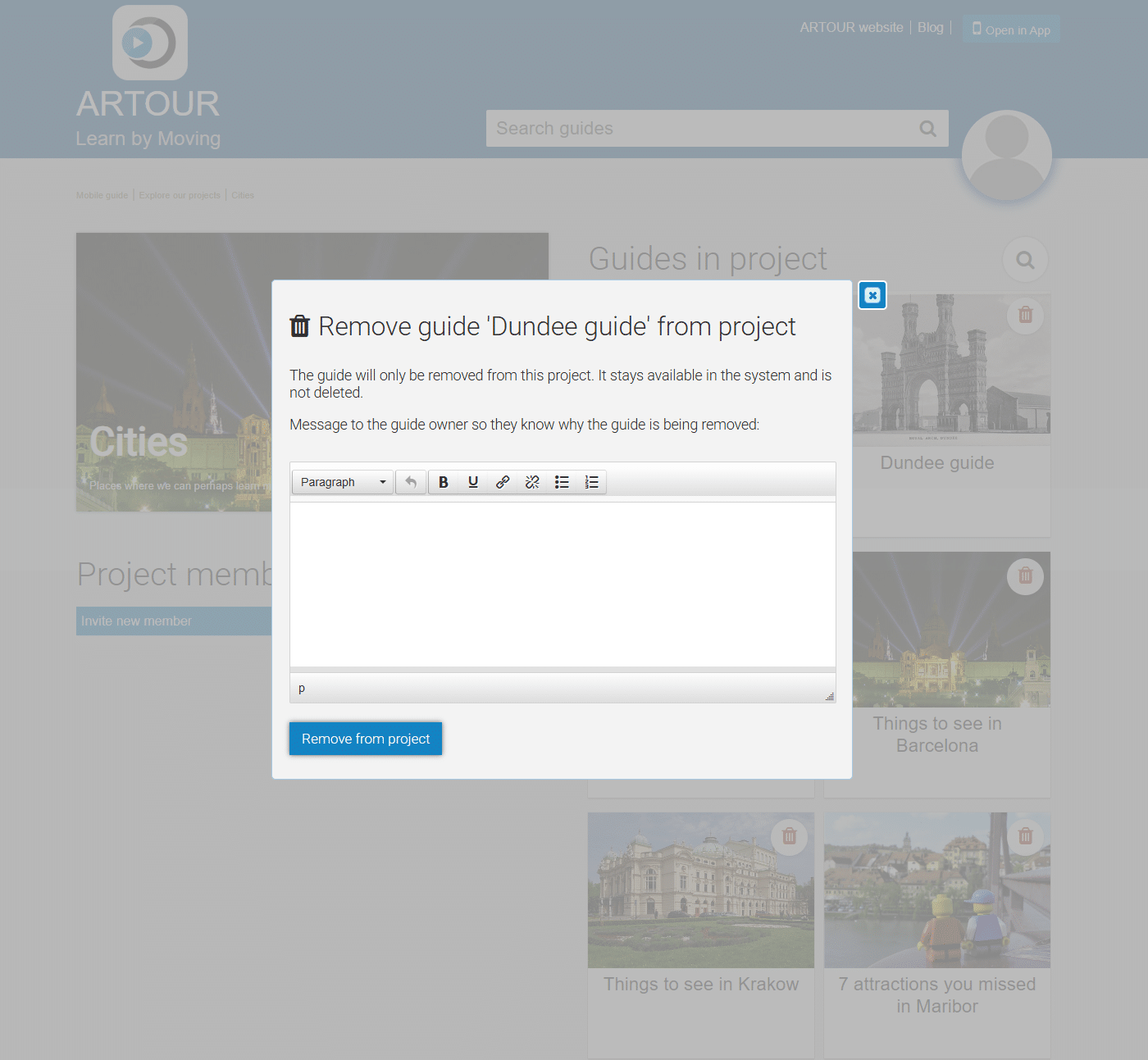 ARTOUR platform showing a modal dialog to remove 'Dundee guide' from a project, with a text field to message the guide owner.