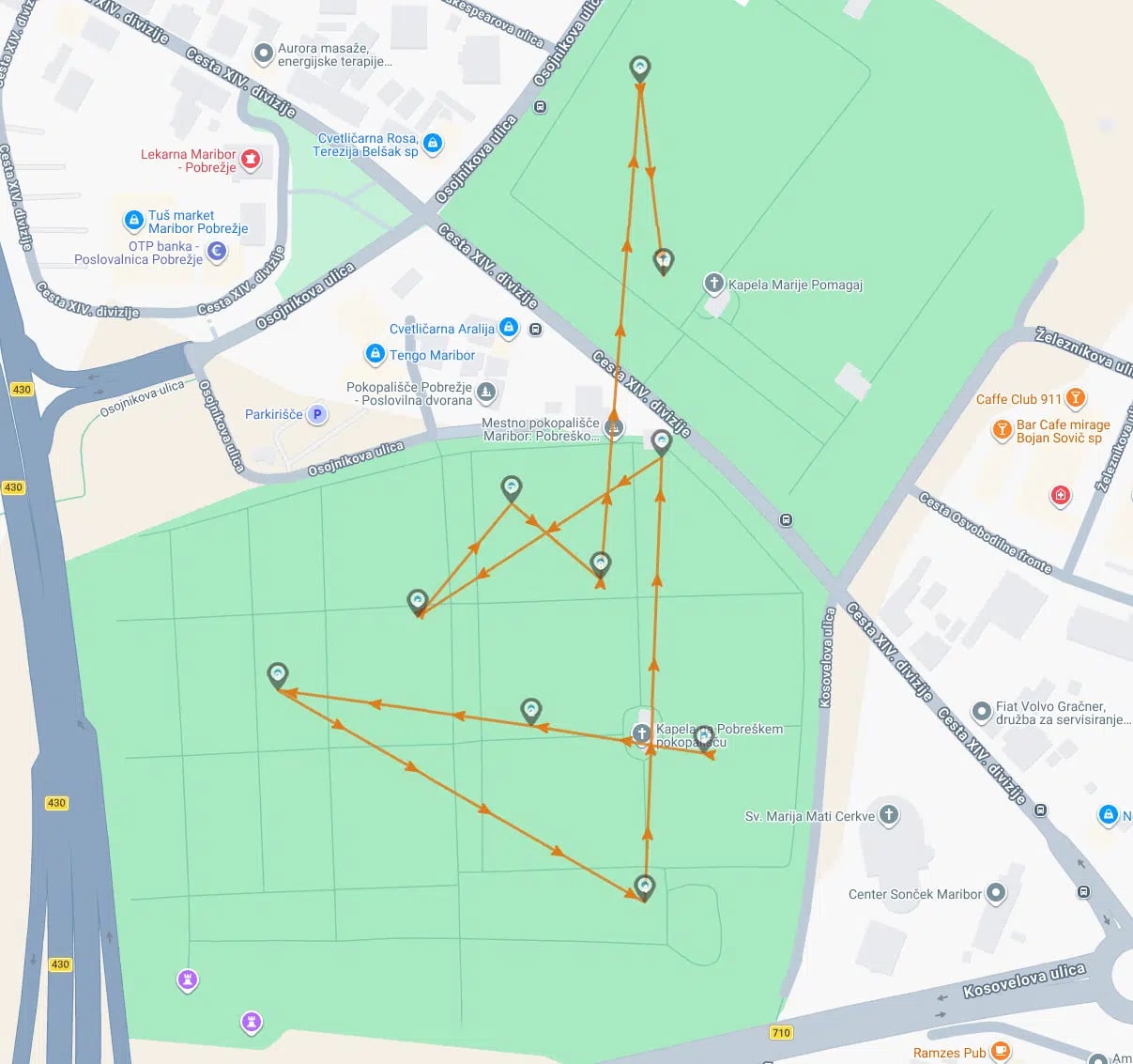Google Maps showing a complex orange walking route with multiple pins and arrows through Maribor Pobreško City Cemetery and surrounding streets.