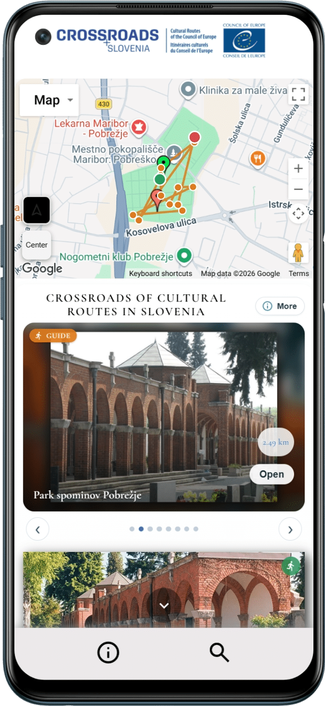 A smartphone screen showing the Crossroads Slovenia mobile app with a map of Maribor and a cultural route to Pobrežje Memorial Park.
