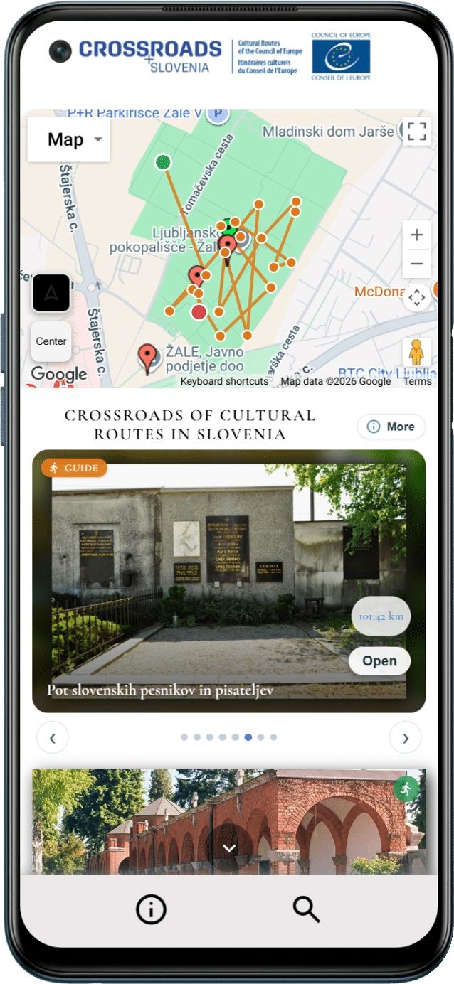 A smartphone screen displays the "CROSSROADS SLOVENIA" cultural routes app, showing a map of Ljubljana's Žale Cemetery with marked points and a guide for "Pot slovenskih pesnikov in pisateljev".