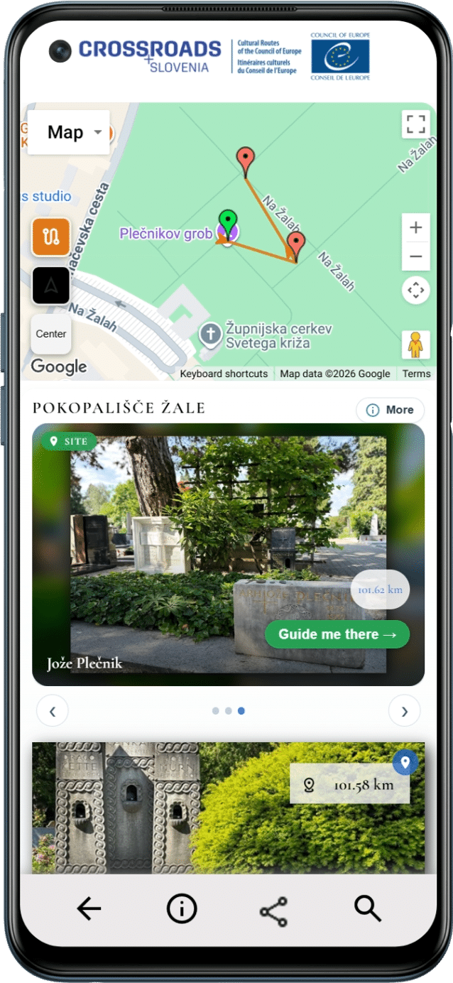 A smartphone screen displaying a mobile app with a map of Žale Cemetery, highlighting Plečnik's grave and offering navigation.