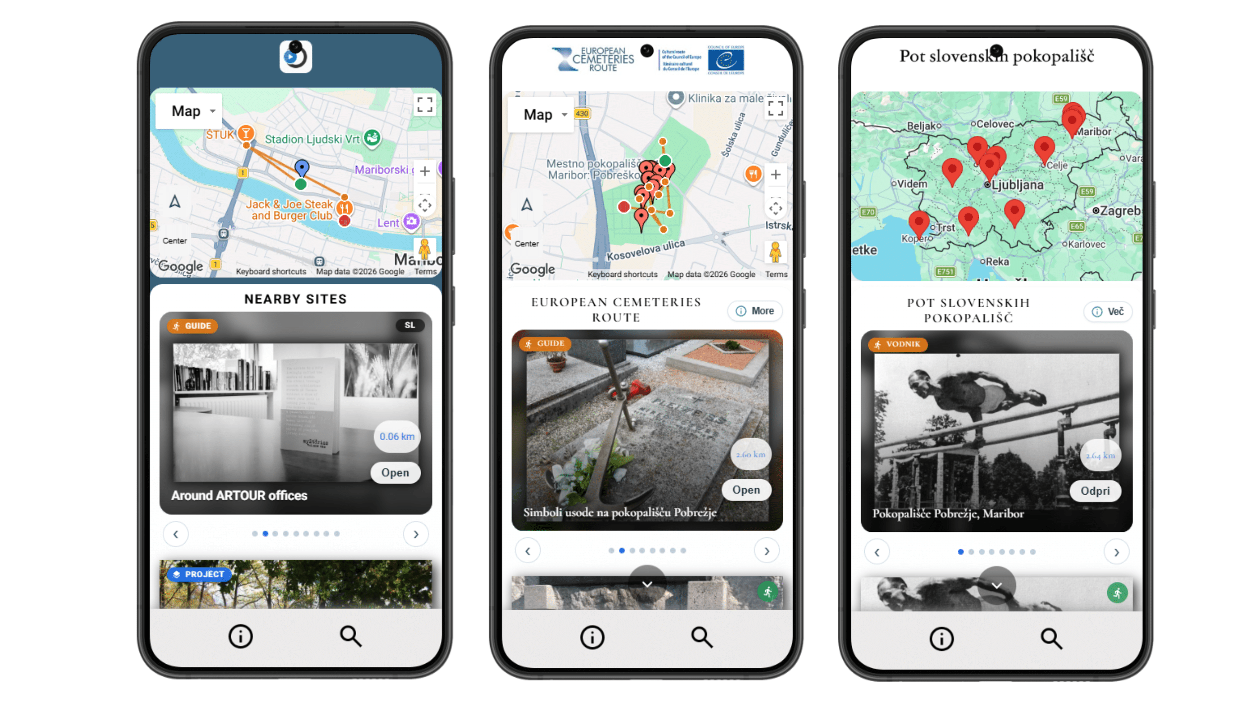 Three smartphones displaying different ARTOUR mobile apps: one for nearby sites, one for European Cemeteries Route, and one for Slovenian Cemeteries Route.