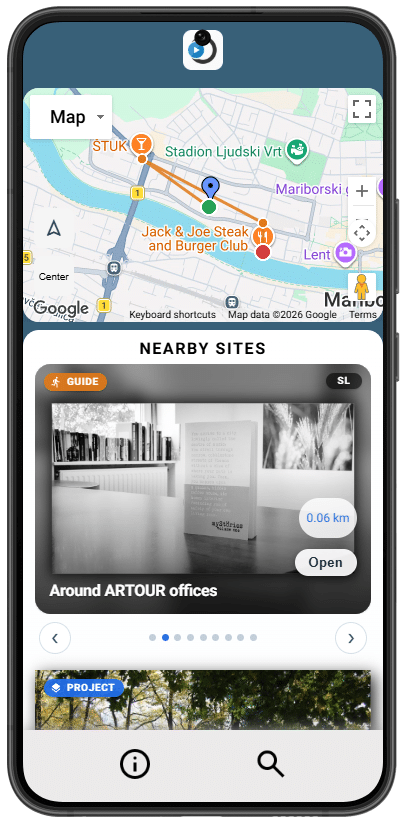 ARTOUR mobile app displaying a map of Maribor with a route and nearby cultural sites, including 'Around ARTOUR offices' guide.