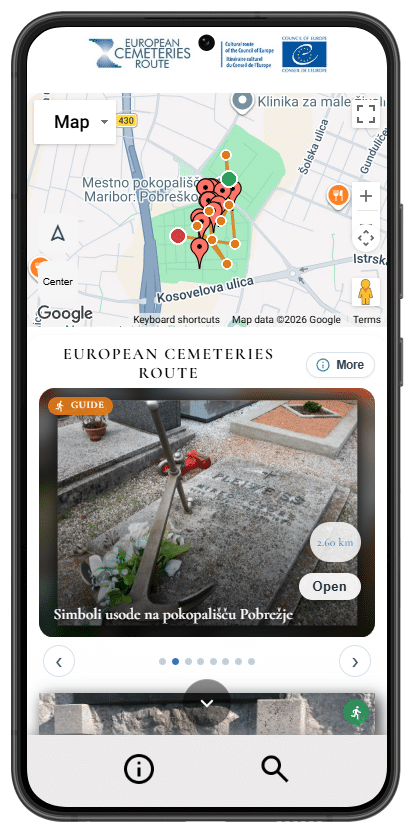Smartphone displaying the European Cemeteries Route mobile app with a map of Maribor, Slovenia, showing a marked route and a guide card for Pobrežje Cemetery.