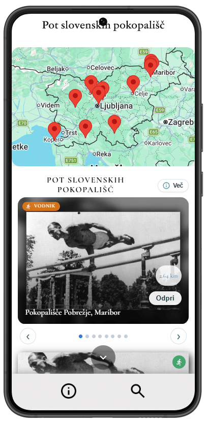 A smartphone screen displays the ARTOUR mobile guide app for the Slovenian Cemeteries Route, showing a map with pins and a card for Pobrežje Cemetery, Maribor.