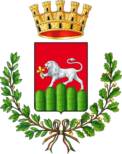 Coat of arms with a golden mural crown, a red shield featuring a white lion holding a fleur-de-lis over green hills, framed by laurel and oak branches.