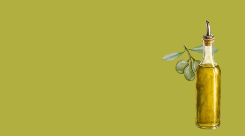 Bottle of golden olive oil with a pour spout, next to a branch with three green olives and leaves, on an olive-green background.