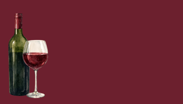 Watercolor illustration of a green wine bottle next to a glass filled with red wine, on a deep red background.