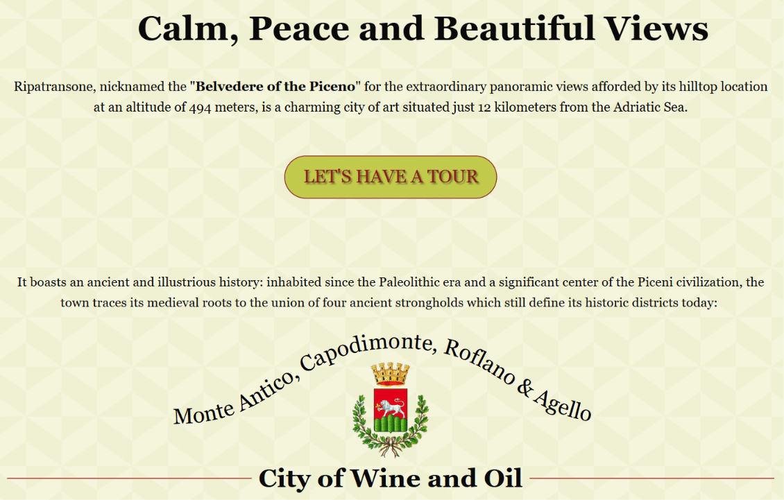 Webpage describing Ripatransone, a hilltop city of art, its history, and a 'Let's Have a Tour' button. Includes a coat of arms and 'City of Wine and Oil'.